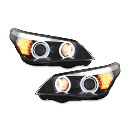 Phares CCFL BMW E60 03-04 clignotant LED Noir, Angel Eyes,D2S