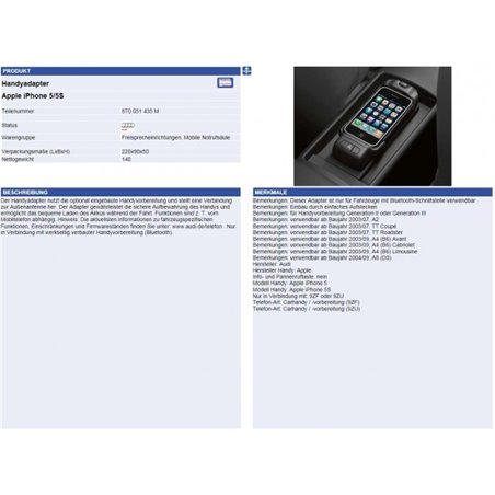Adaptateur iPhone 5 / 5S Téléphone mobile Bluetooth A3 A4 A5 A6 A6 Accessoires Audi Original