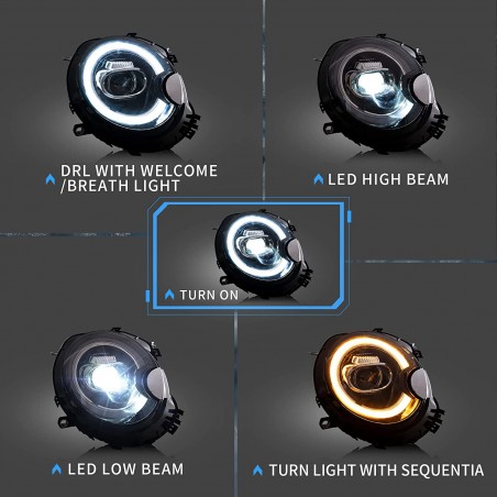 VLAND LED Phares pour 2007-2015 Mini Cooper hatch R56 / Clubman R55 / Convertible R57 / Coupe R58 / Roadster R59 Feux Avant, DRL