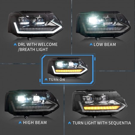 VLAND Full LED Phares Compatible pour Volks-wagen V-W T5 Transporter Multivan V lifting 2010-2015 Feux avant, DRL avec fonction